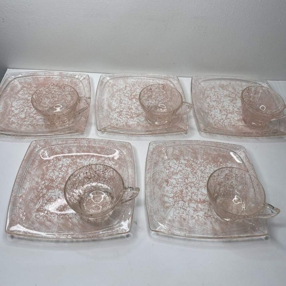 Vintage Mid Century Modern Pink Spaghetti String Glasses Plates Luncheon Set 5